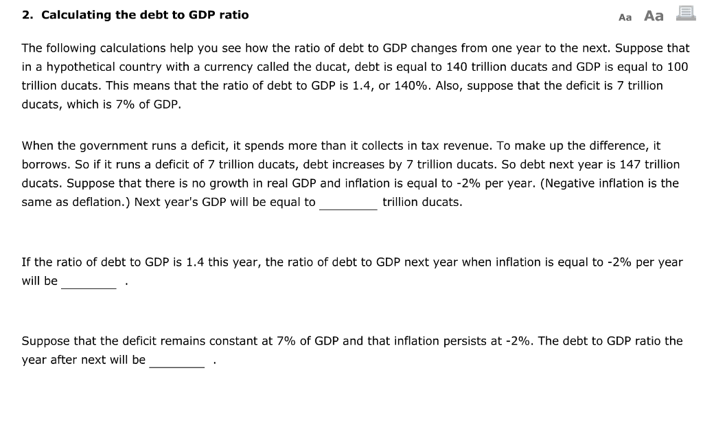 Solved 2. Calculating the debt to GDP ratio Aa Aa The