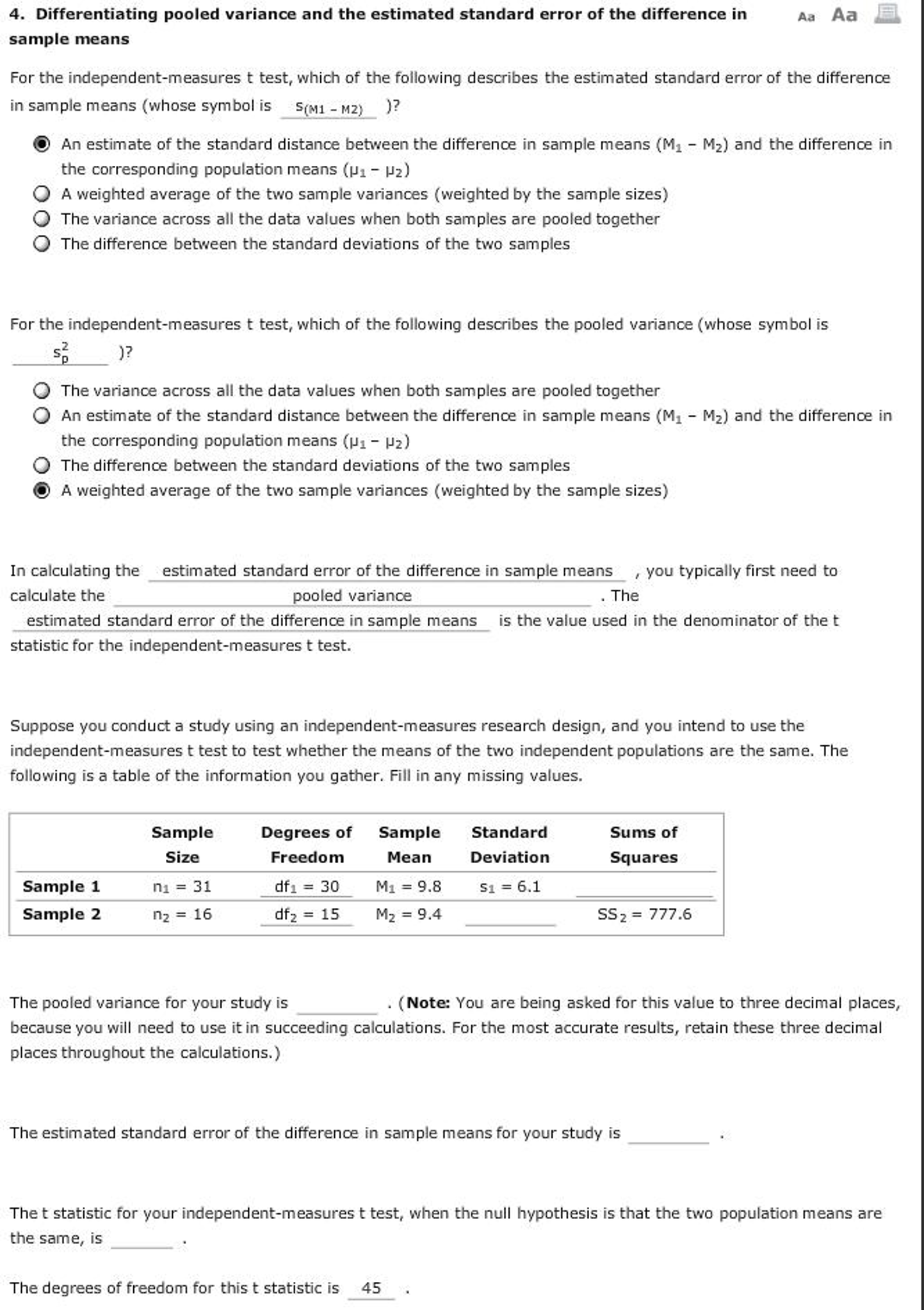 Solved Differentiating pooled variance and the estimated