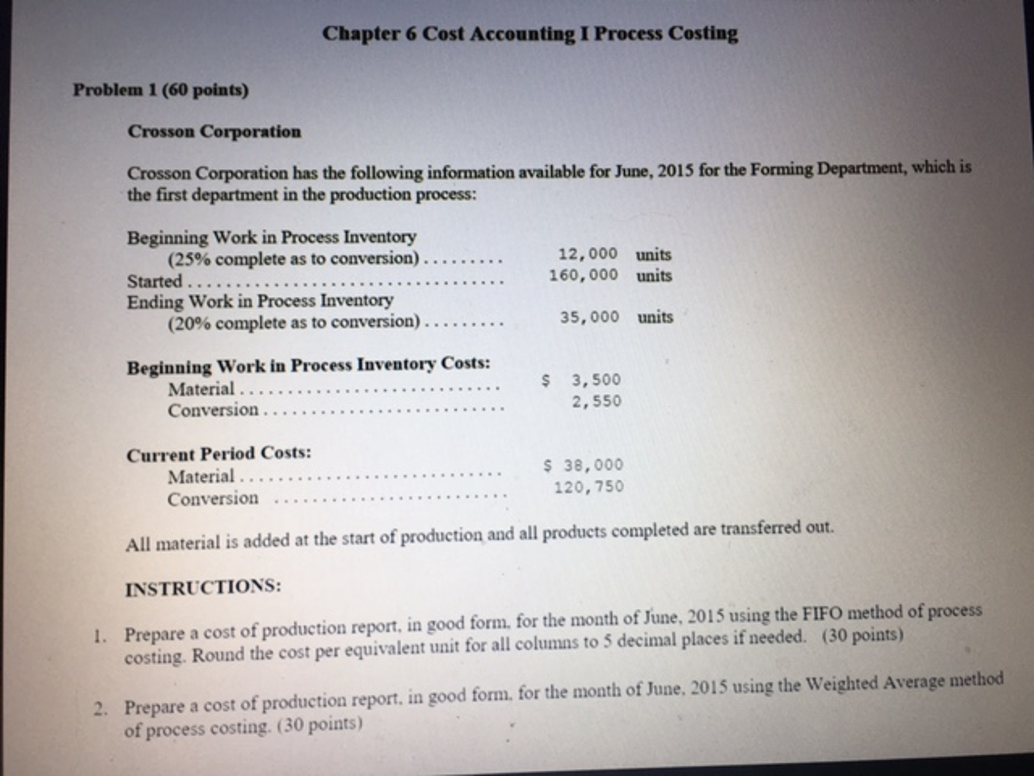 Solved Chapter 6 Cost Accounting I Process Costing Problem i | Chegg.com