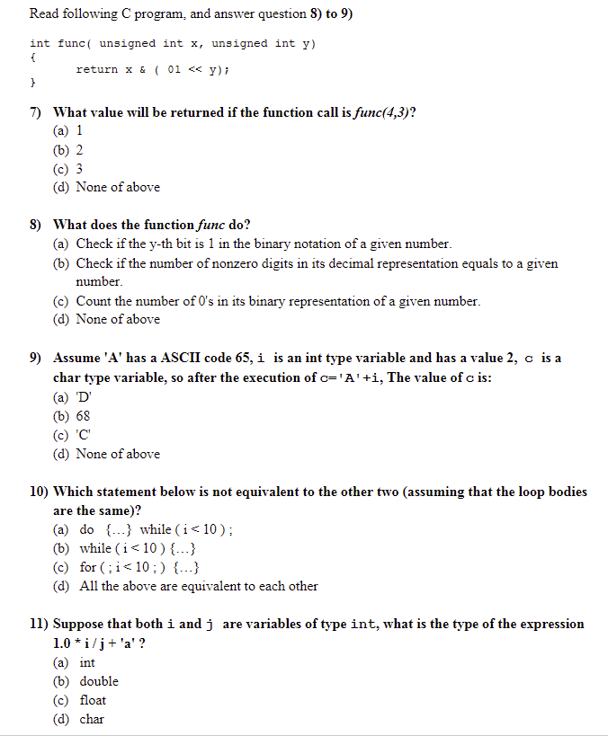 Solved Read following C program, and answer question 8) to | Chegg.com