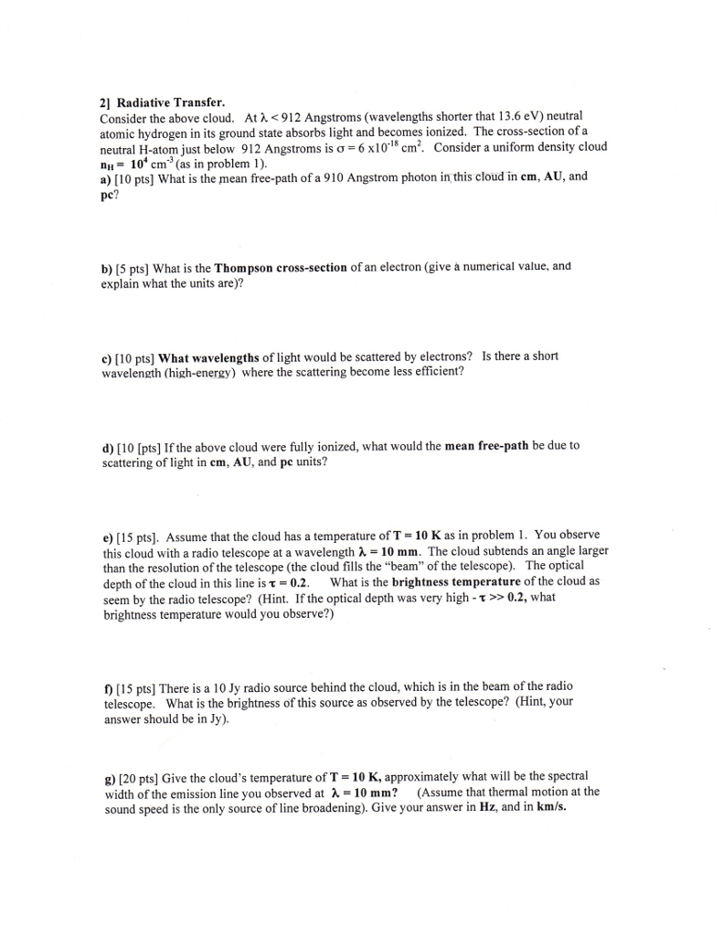 Solved 2] Radiative Transfer Consider The Above Cloud. At λ 