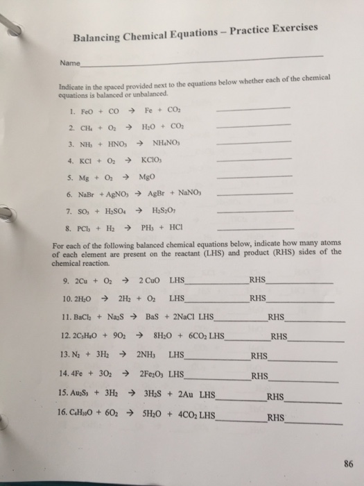 Solved Balancing Chemical Equations - Practice Exercises | Chegg.com