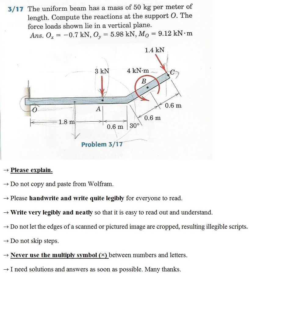The uniform beam has a mass of 50 kg per meter of