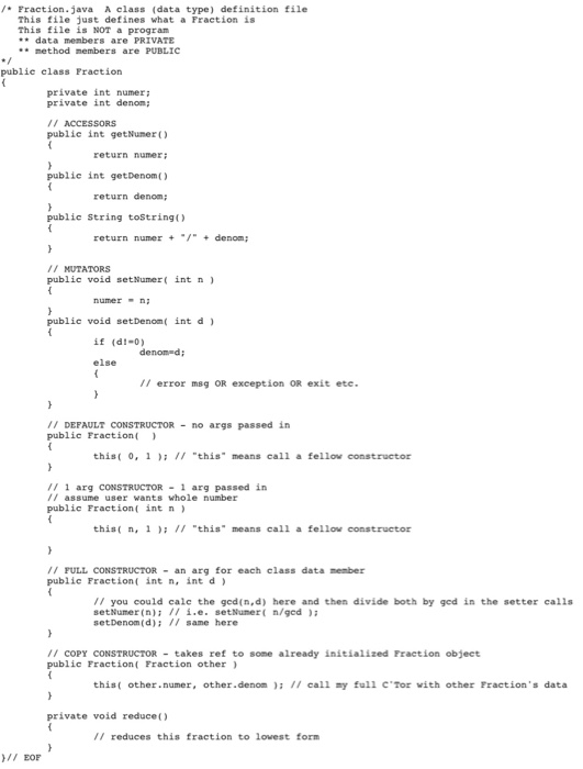 Solved Fraction.java A class (data type) definition file | Chegg.com