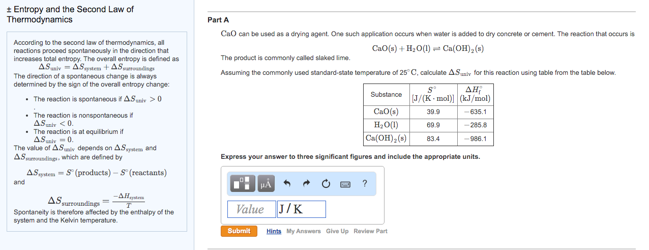 Solved Entropy and the Second Law of Thermodvnamics Part A | Chegg.com