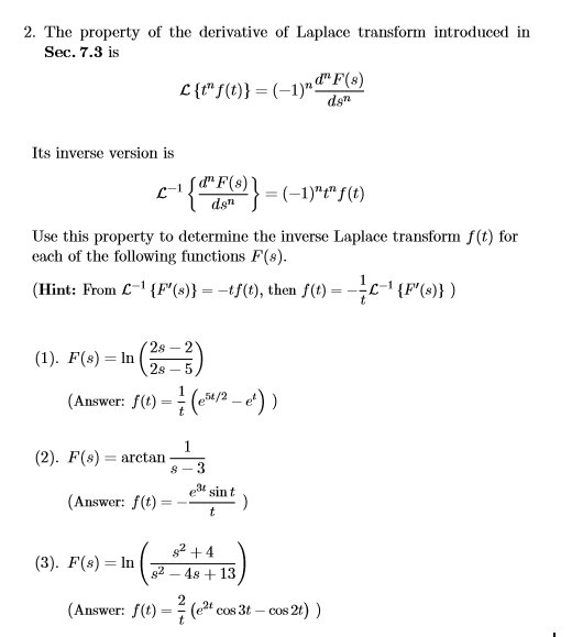 Solved 2. The property of the derivative of Laplace | Chegg.com