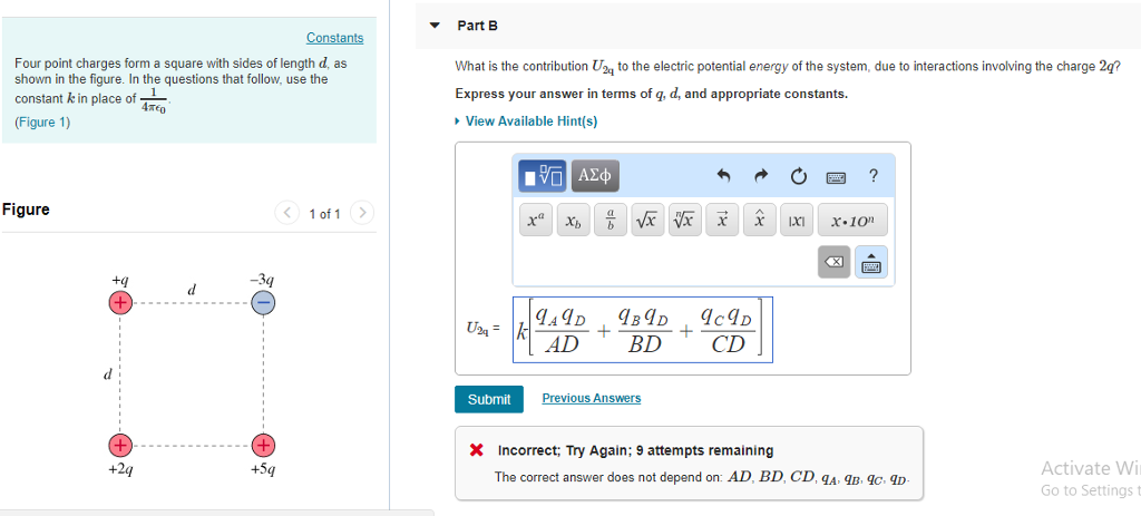 Solved Part B Constants Four Point Charges Form A Square 8405