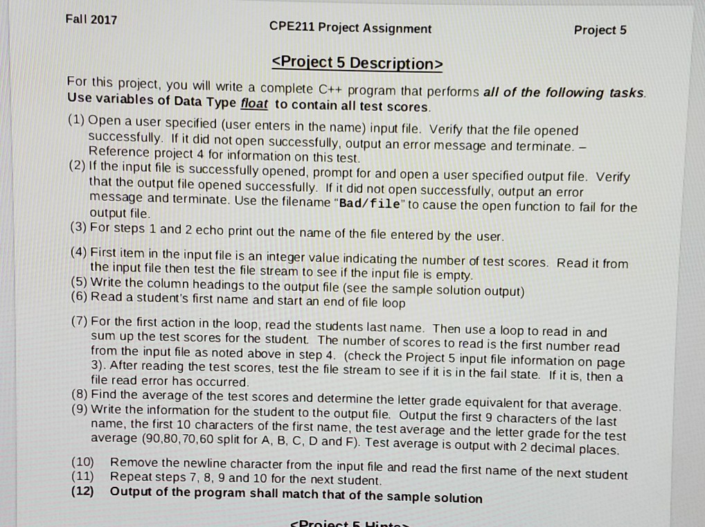 Fall 2017 CPE211 Project Assignment Project 5 | Chegg.com