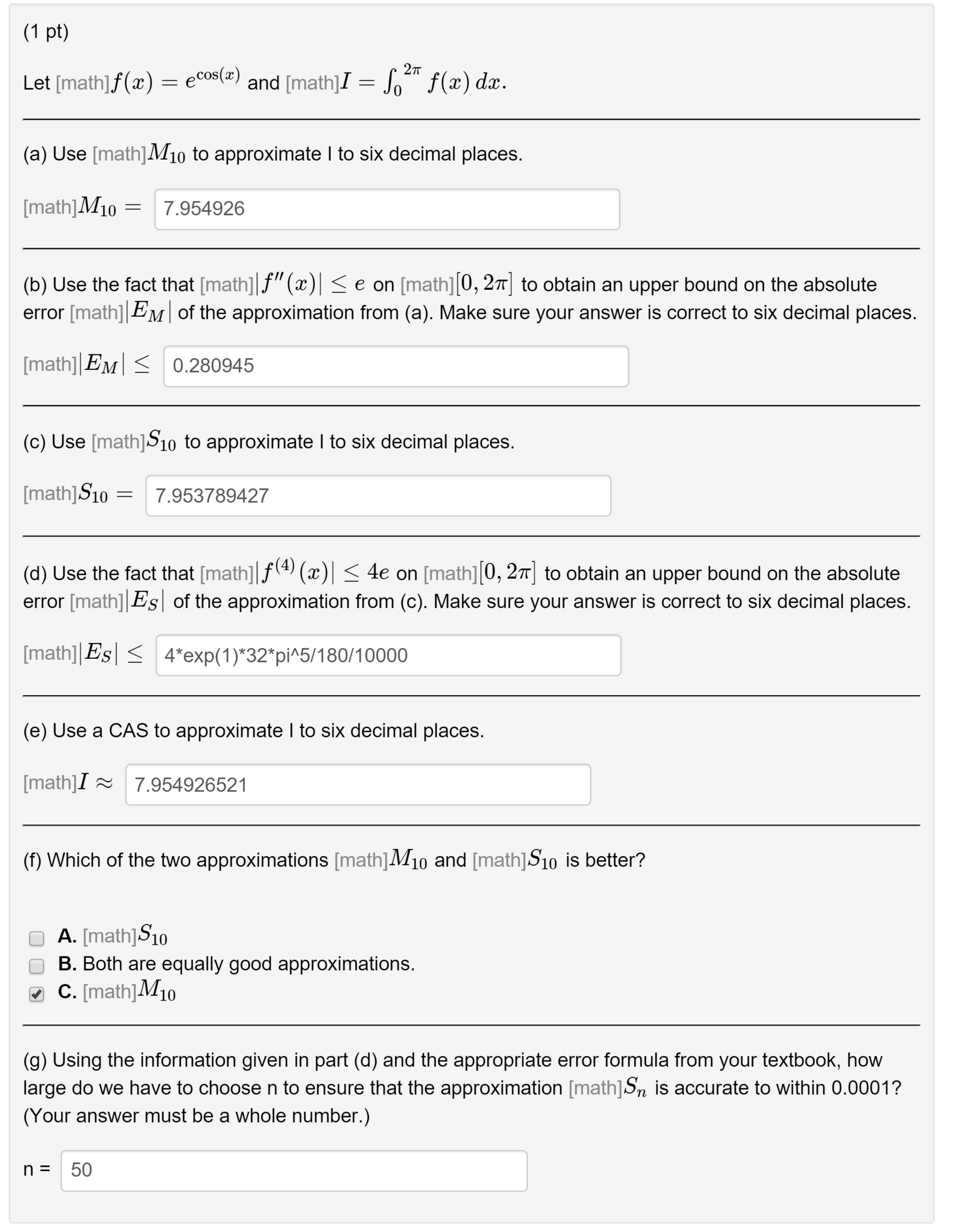 Let [math]f(x) = e^cos and [math]I- integral^2pi_0 | Chegg.com