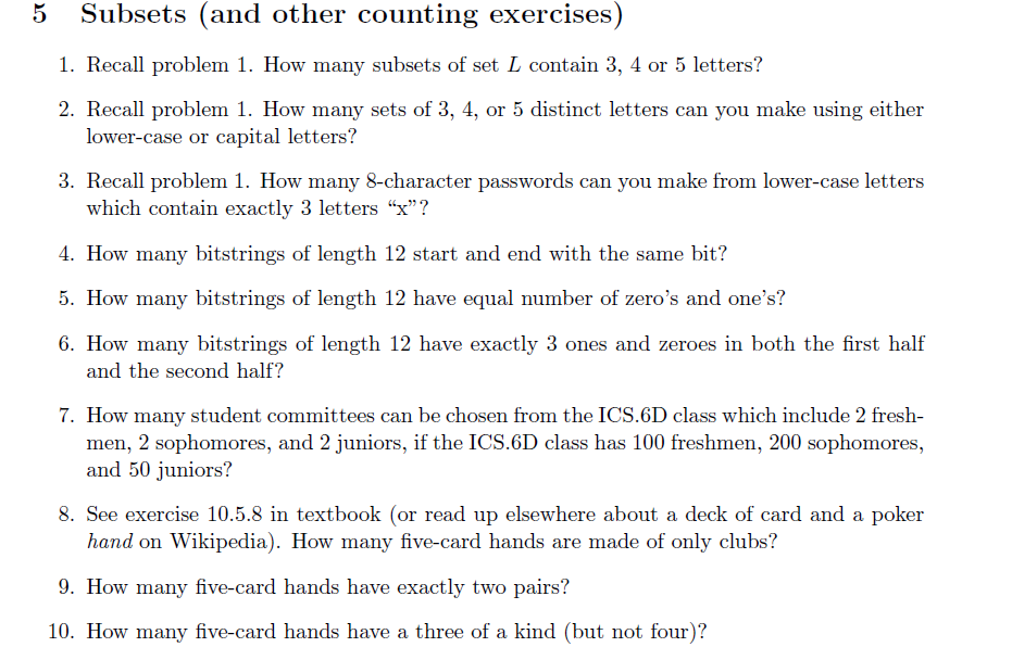 Solved 5 Subsets (and other counting exercises) 1. Recall | Chegg.com