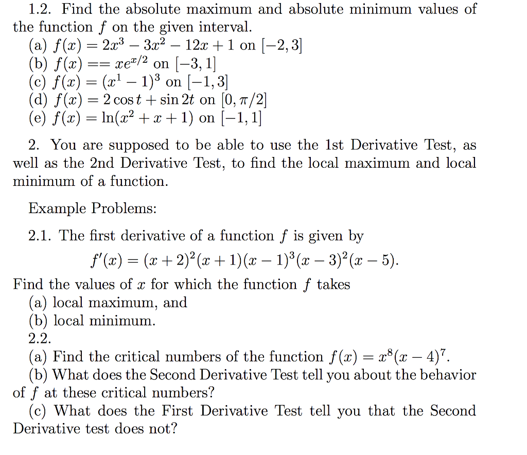 Solved 1.2. Find the absolute maximum and absolute minimum | Chegg.com