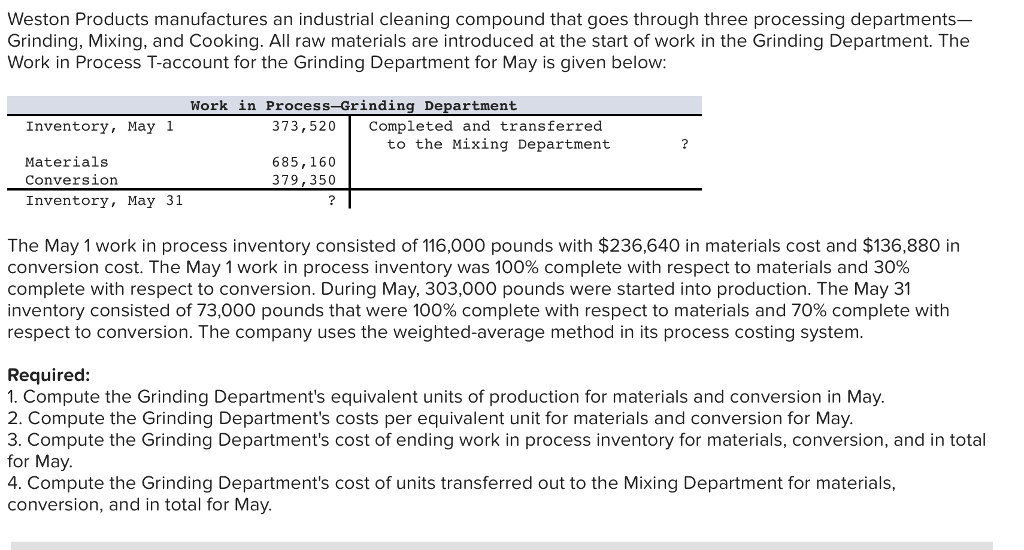 Solved Weston Products manufactures an industrial cleaning