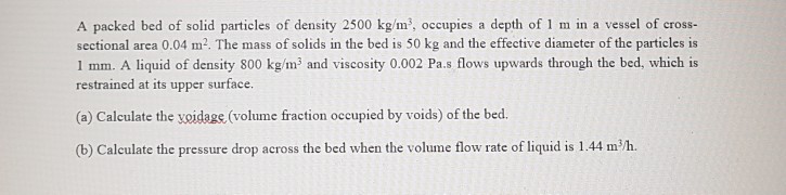 Solved A Packed Bed Of Solid Particles Of Density 2500 Kg M, 