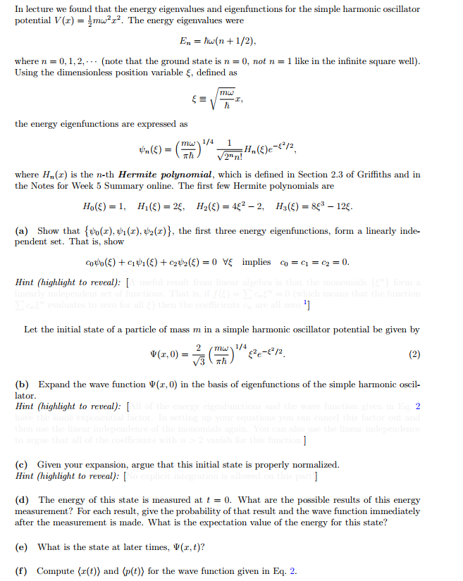 Solved In lecture we found that the energy eigenvalues and | Chegg.com