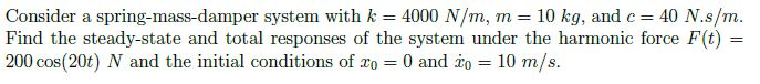 Solved Consider a spring-mass-damper system with k = 4000 | Chegg.com