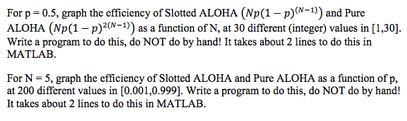 Solved For p = 0.5, graph the efficiency of Slotted ALOHA | Chegg.com