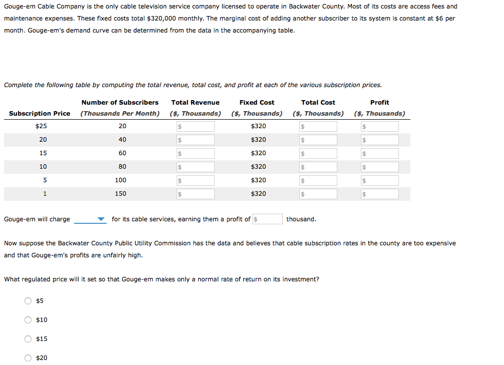 Solved Gouge-em Cable Company is the only cable television | Chegg.com