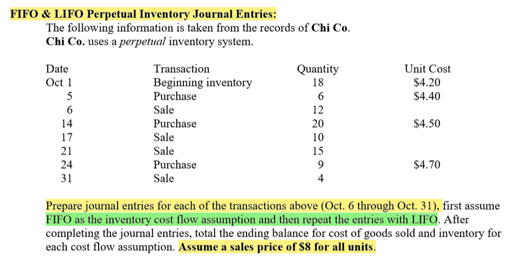 Solved FIFO & LIFO Perpetual Inventory Journal Entries The