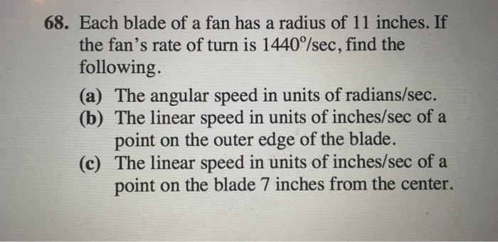 Solved Each blade of a fan has a radius of 11 inches. If the | Chegg.com