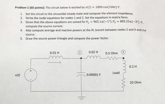 Solved The circuit below is excited by v(t) = 1000 cos(100t) | Chegg.com