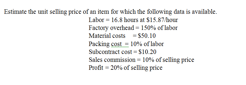 unit selling price formula