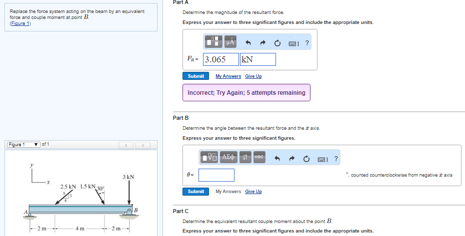 Solved Part A Replace the force system acting on the beam by | Chegg.com