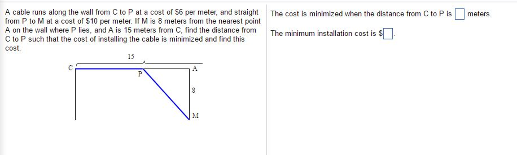 Solved A cable runs along the wall from C to P at a cost of