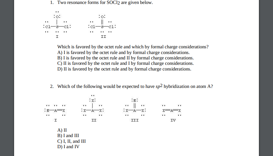 assign formal charges to each atom in the resonance form for socl2
