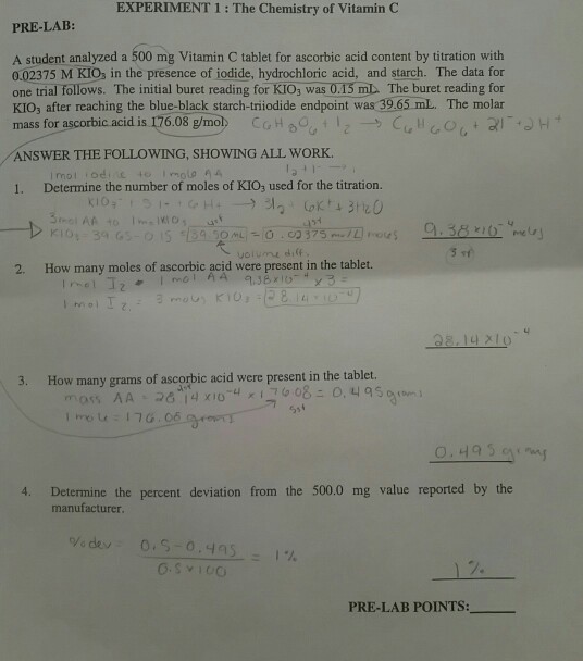 Solved EXPERIMENT 1 The Chemistry of Vitamin C PRELAB A