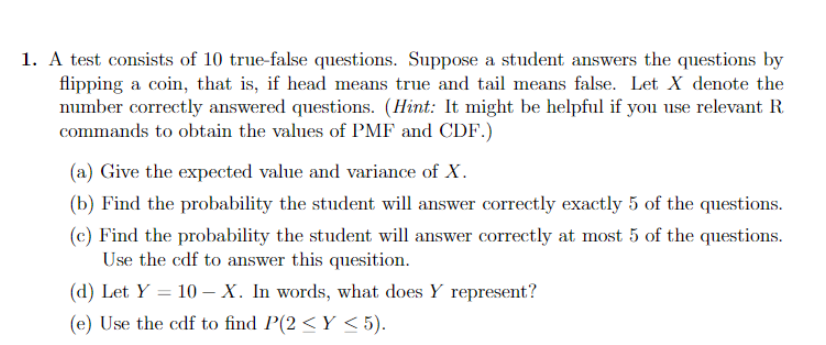 Solved 1. A test consists of 10 true-false questions. | Chegg.com