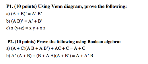 Solved Using Venn Diagram, Prove The Following: A) (A + B)' | Chegg.com