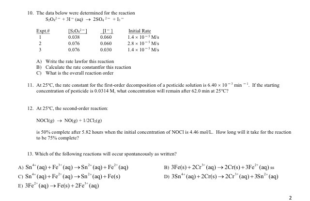 Solved The Data Below Were Determined For The Reaction 