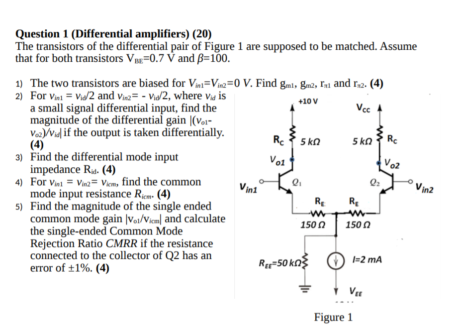Solved Question 1 (Differential amplifiers) (20) The | Chegg.com