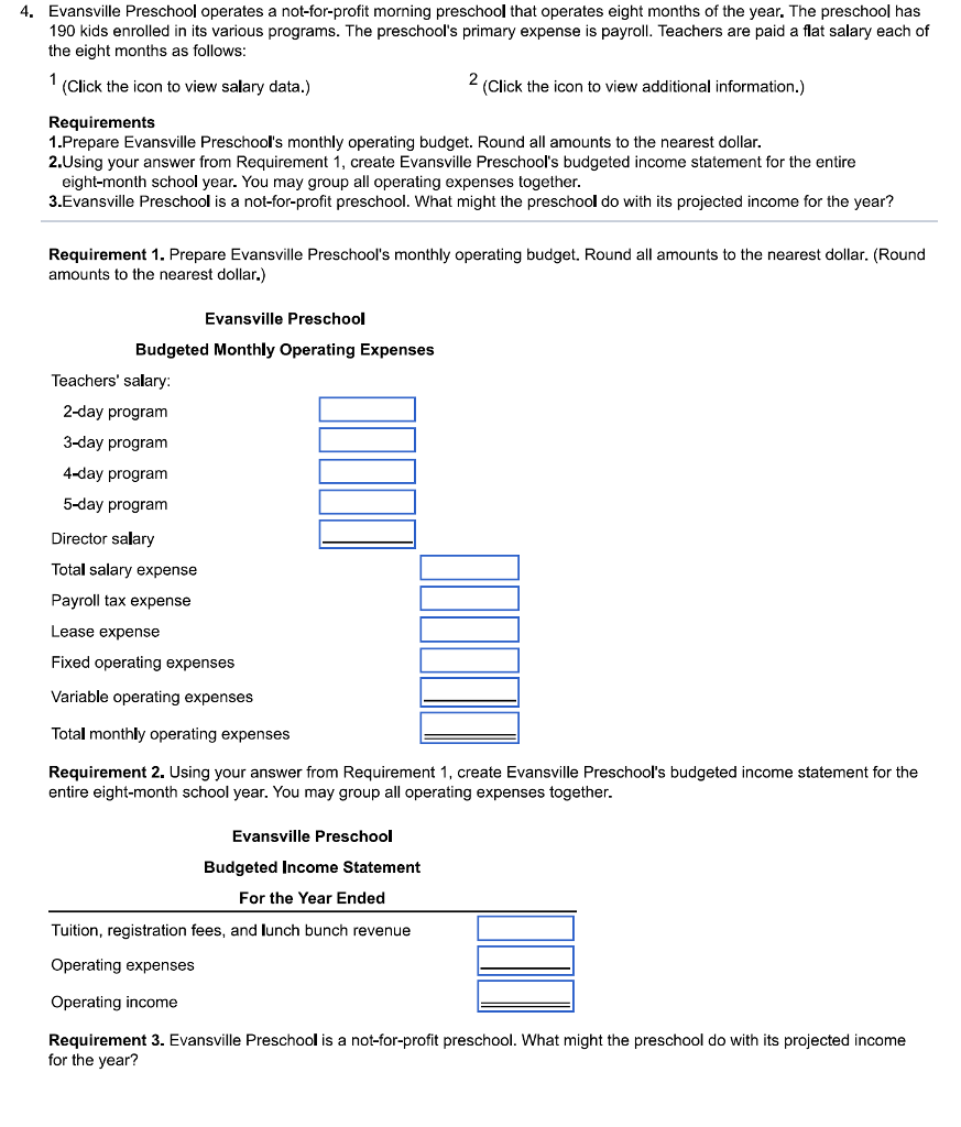 Solved 4. Evansville Preschool operates a notforprofit