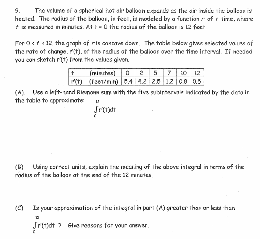 The volume of a spherical hot air balloon expands as