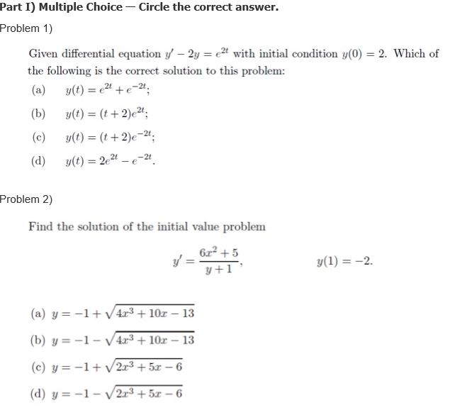 Solved Part I) Multiple Choice Circle the correct answer.