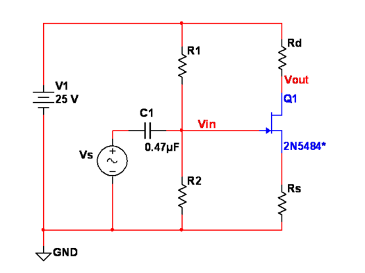 Solved Rd R1 Vout V1 Q1 C1 Vin 0.47μF 2N5484* R2 Rs GND | Chegg.com