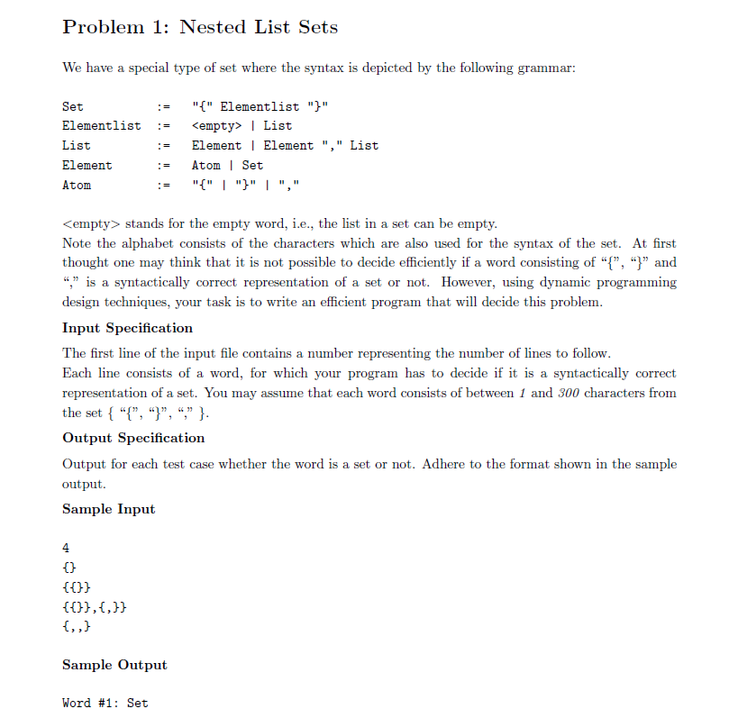 Solved Problem 1: Nested List Sets We have a special type of | Chegg.com