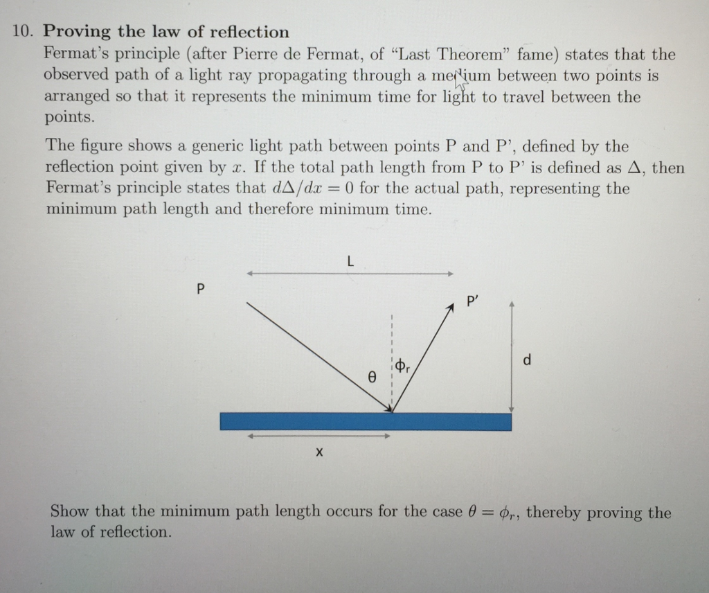 Solved Proving the law of reflection Fermat's principle