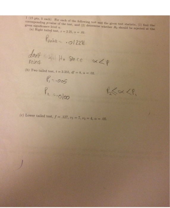 Solved 1 (15 pts, 5 each). For each of the following test | Chegg.com