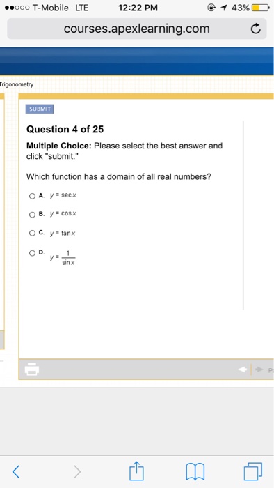 Solved Which Function Has A Domain Of All Real Numbers A Chegg