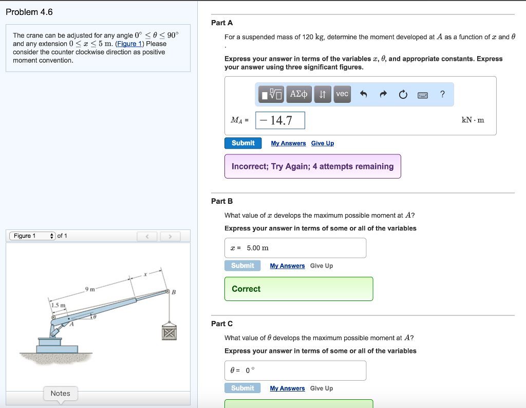 Solved Problem 4.6 Part A The crane can be adjusted for any | Chegg.com