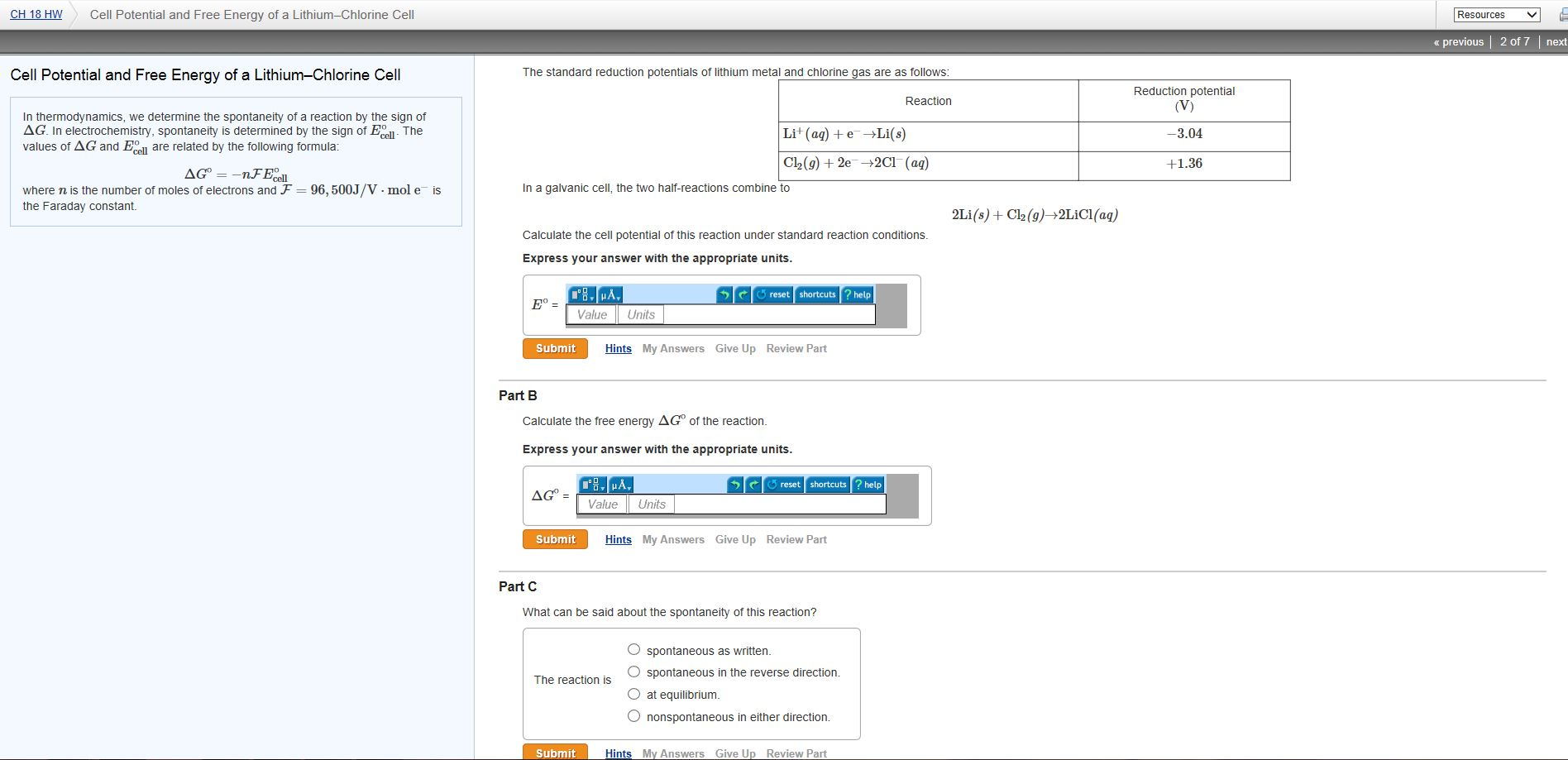 Solved Cell Potential and Free Energy of a LithiumChlorine