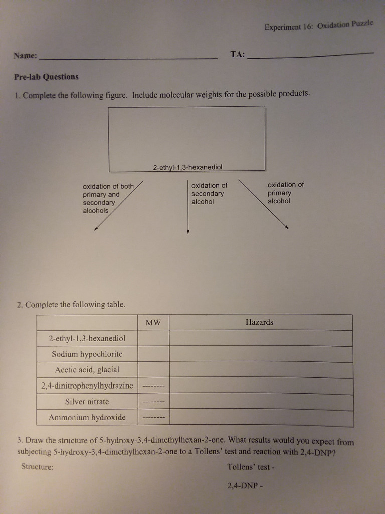 Solved Experiment 16: Oxidation Puzzle Name: TA: Pre-lab | Chegg.com