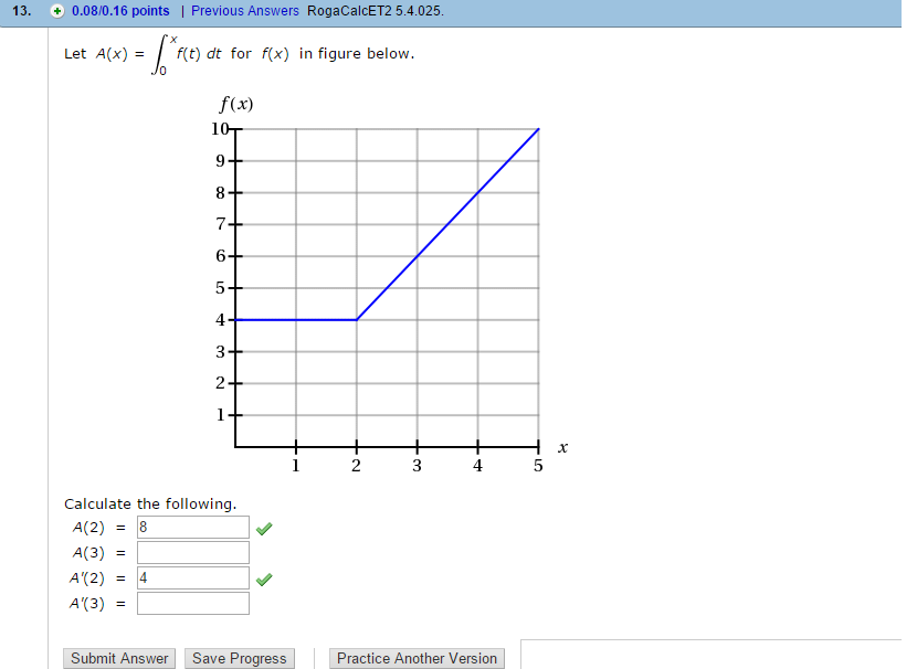 Solved Let A(x) = integral 0 to x f(t) dt for f(x) in the | Chegg.com