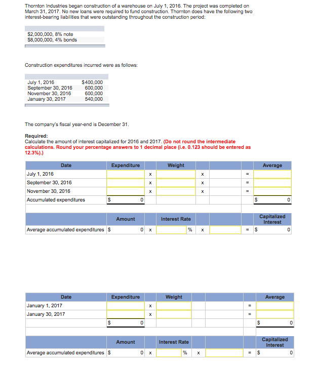 Solved Thornton Industries began construction of a warehouse | Chegg.com