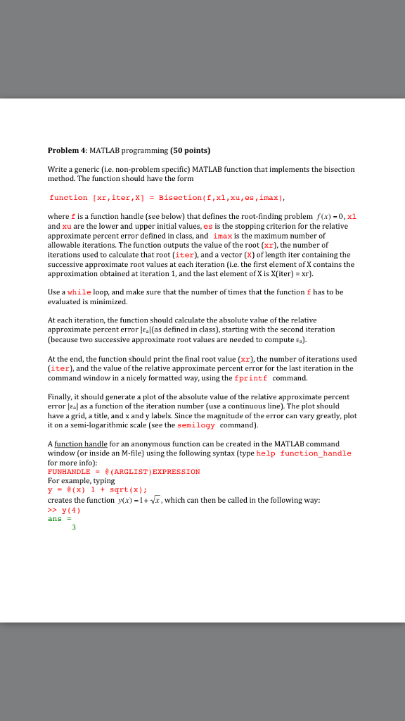 Solved Problem 4: MATLAB programming (S0 points) write a | Chegg.com