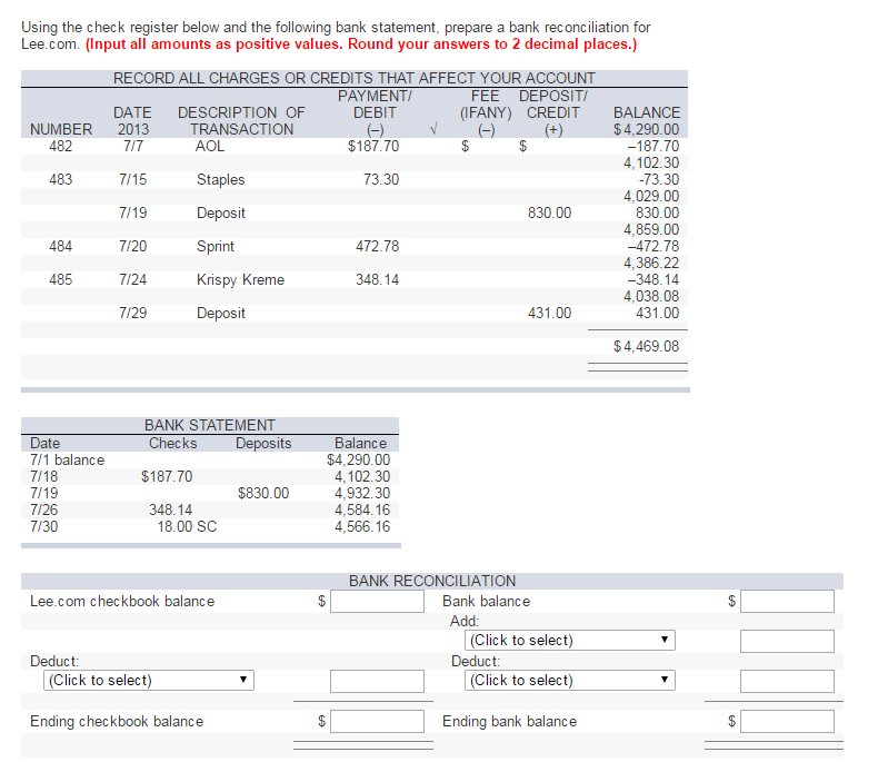 Solved Using the check register below and the following bank
