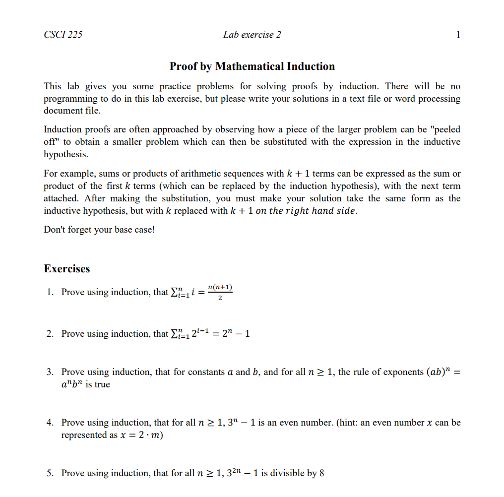 Solved: CSCI 225 Lab Exercise 2 Proof By Mathematical Indu... | Chegg.com