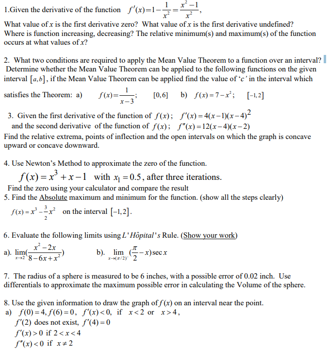 Solved 1.Given the derivative of the function f'(x)-1 What | Chegg.com